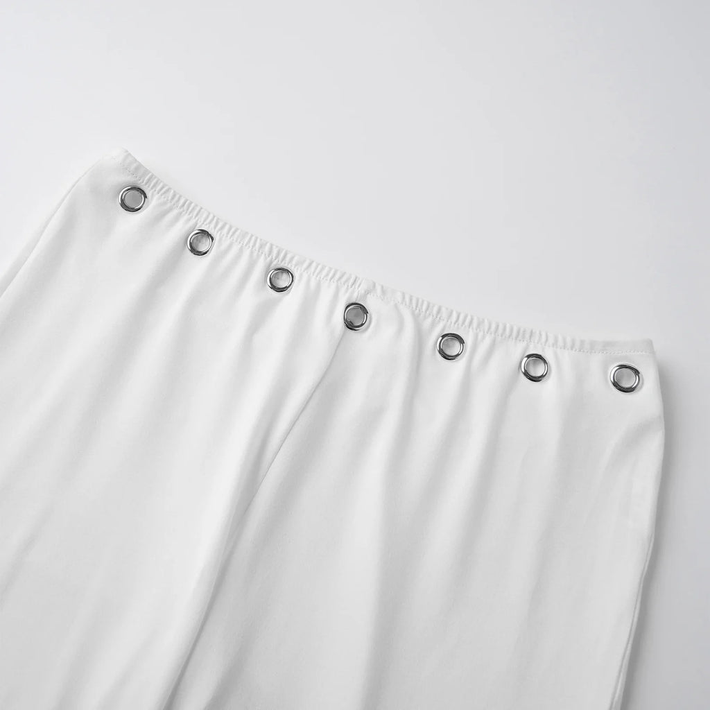 Womens Summer Cropped Pants Mid Rise Flare Trousers Stylish Casual Leg Pants with Silver Eyelet Capris