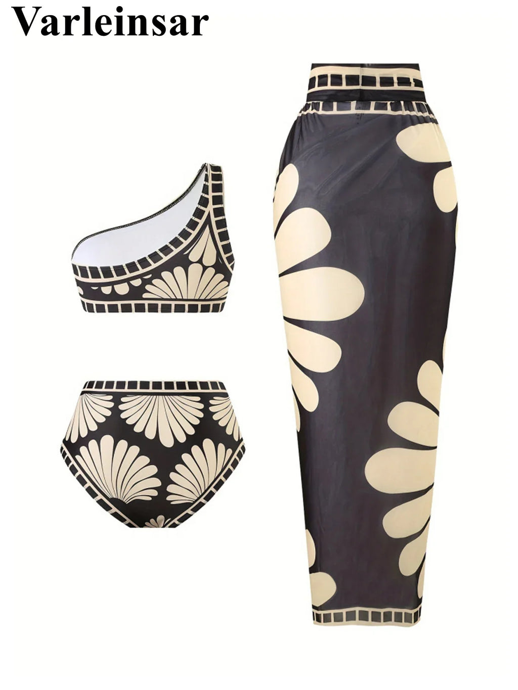 S - XXL Printed Sarong Female Swimsuit High Waist Bikini Women Swimwear Three-pieces Bikini set Bather Bathing Suit Swim V8212