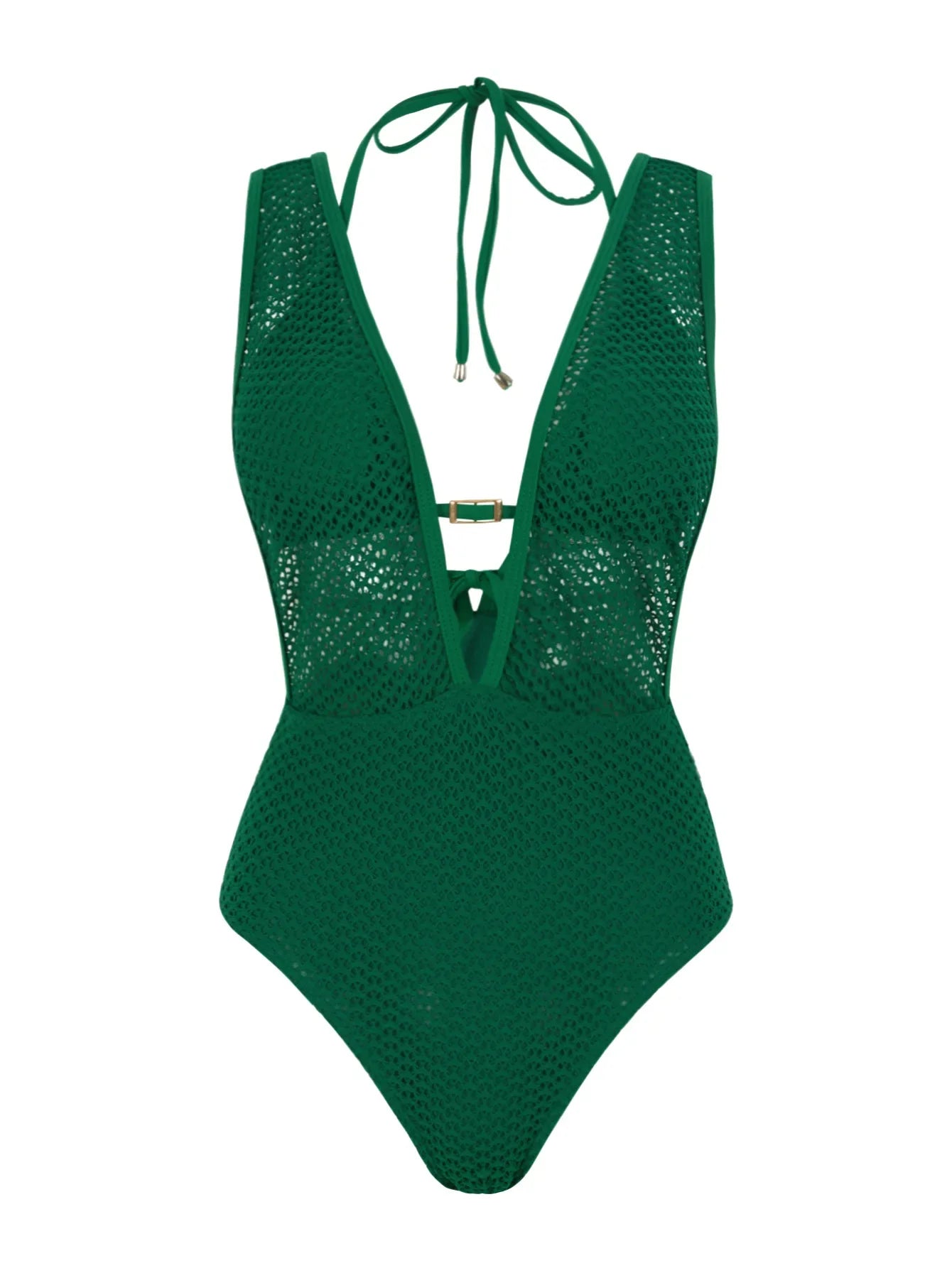 S - XL Deep V Neck Knit Fishnet Mesh One Piece Swimsuit Women Swimwear Female Backless Monokini High Leg Cut Bathing Suit Swim