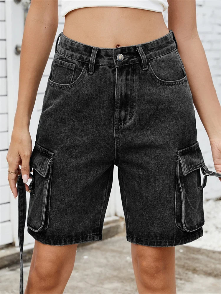 Women Cargo Denim Shorts Casual Summer Loose Solid Colors Jean Short Pants for Vacation Beach Club Streetwear