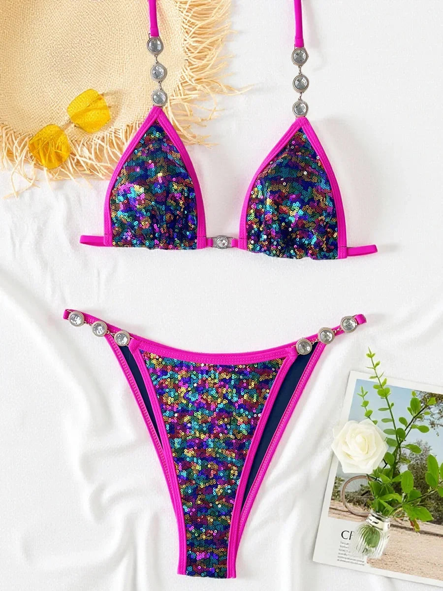 Shiny Colorful Sequins Diamond Bikini Women Swimsuit Female Swimwear Two-pieces Bikini Set Bather Bathing Suit Swim Beach Wear