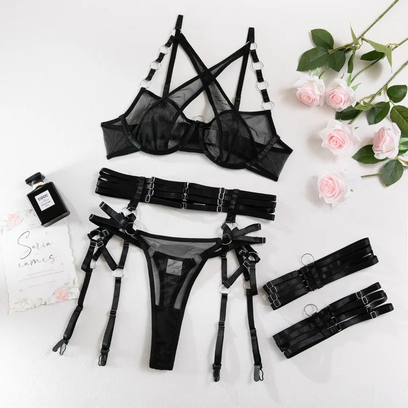 Toucheart Sexy Floral Embroidery Underwear Steel Ring Bra Lace Mesh Sexy Webbing Hollow Waistband Hanging Erotic Lingerie Suit