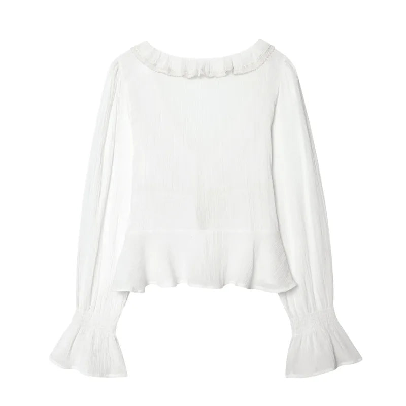 Women's Fashion Embroidered Tulle Blouse White Lace Ruffle Trim Tie Front Blouse Sleeve V Neck Casual For Women Daily Wear F4FI