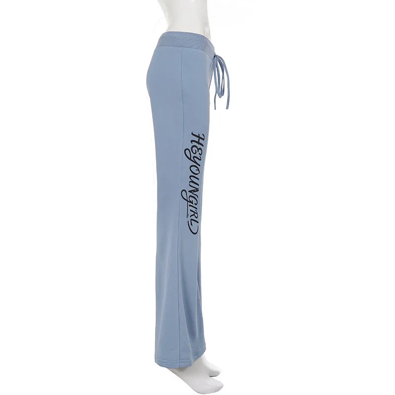 Retro rose letter print low-waist drawstring flared trousers, slim fit and versatile casual trousers