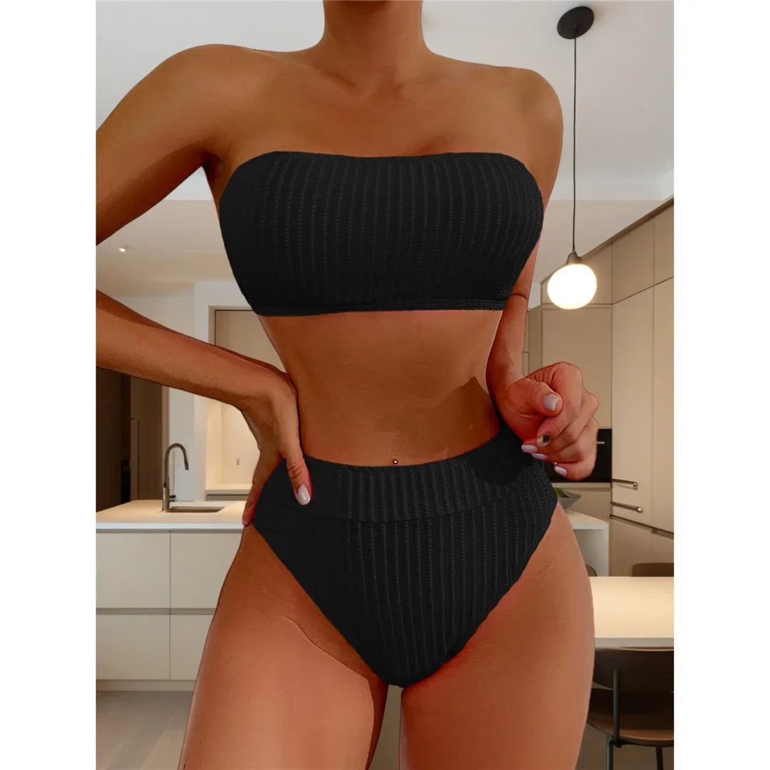 S - XL Bandeau Wrinkled Female Swimsuit High Waist Bikini Women Swimwear Two-Pieces Bikini Set Bather Bathing Suit Swim V5904