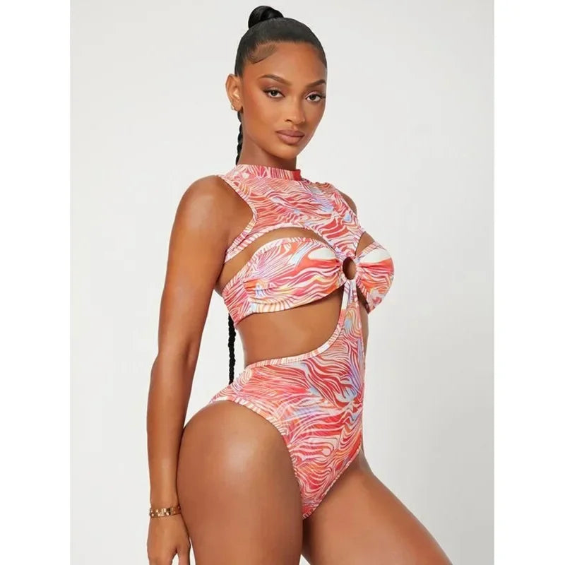 2026 New Sexy One Piece Swimsuit Swimwear Women Gradient Print Hollow High Waist Highly Elastic One-piece Bathing Suit Beachwear