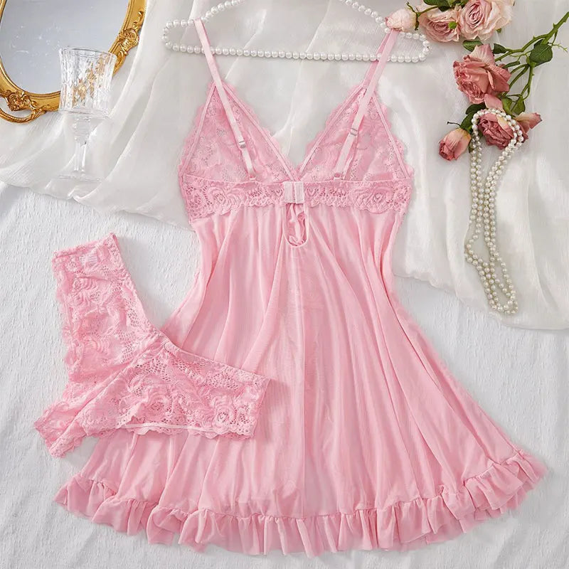 Sexy Lingerie Set Women Erotic Bra Nightdress Sexy Lace V-Neck Underwear Solid Slim Soft Dresses Transparent Thong & Sleepwear