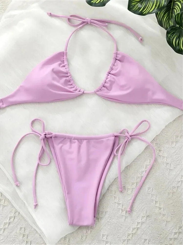 Sexy 12 Color Halter Mini Micro Thong Bikini Female Swimsuit Women Swimwear Two-pieces Bikini set Bather Bathing Suit Swim Lady