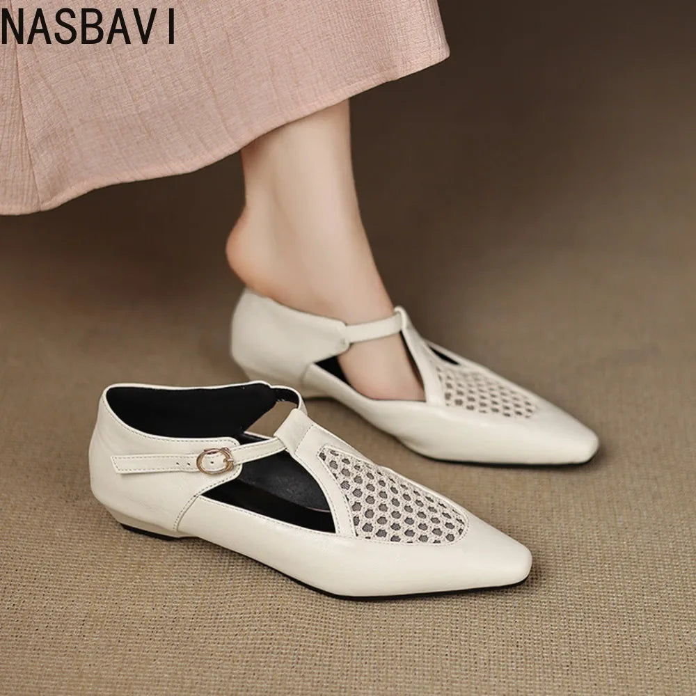 New Design Women T-Strap Sandals Square Toe Flats Buckle Breathable Mesh Casual Soft Leather Daily OL Shoes Plus Size 41 42 43