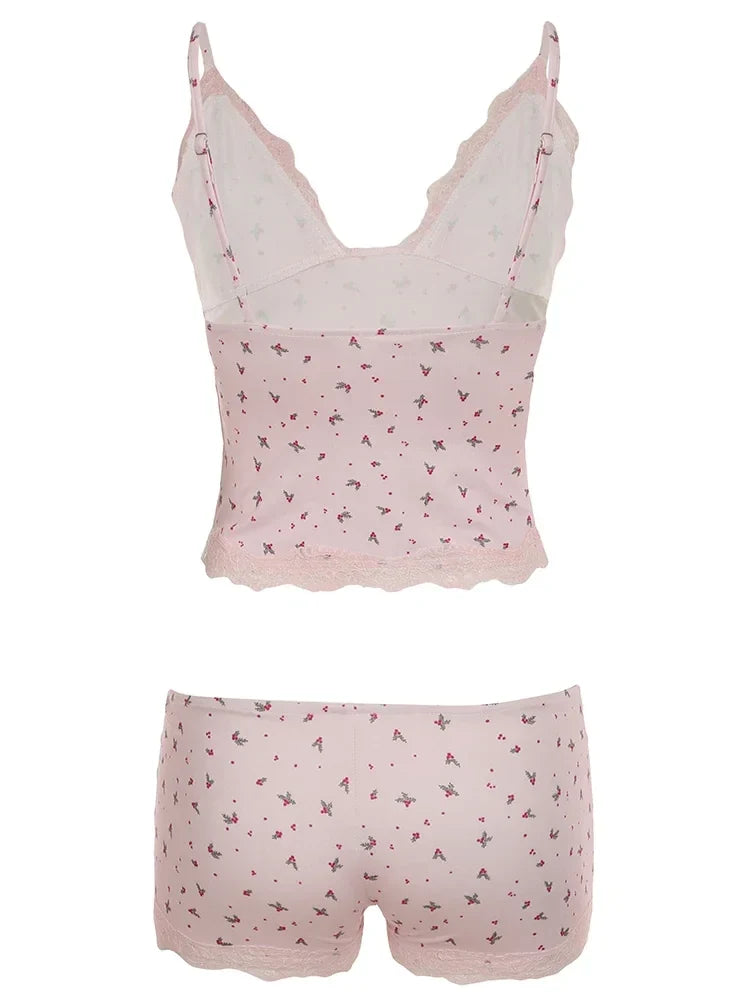 Women Two-pieces Pajamas Set Pink Floral Lace Patchwork Sleepwear Sleeveless Camisoles and Slim Cute Shorts Loungewear