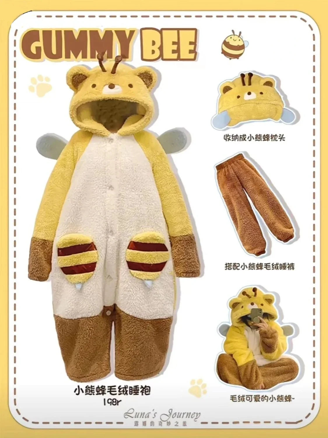 Cartoon Honeybee Pajamas Robes Slipper Kigurumi Unicron Anime Flannel Nightgown Winter Nightdress Party Cosplay Costume Slipper