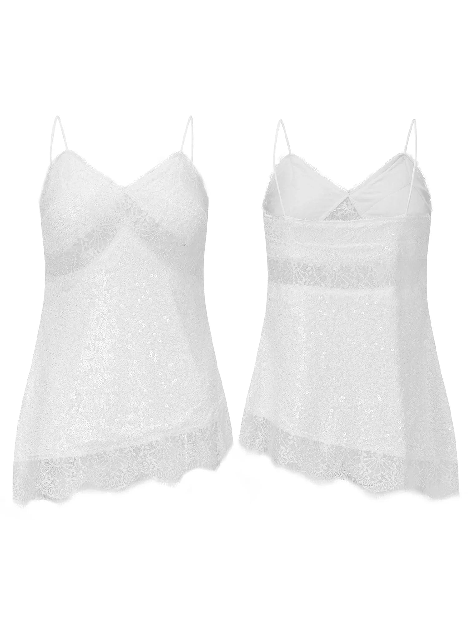 Women Camisoles Solid Color Lace Trim Sequins Spaghetti Strap Tank Tops Summer Fashion Sleeveless Vests Streetwear