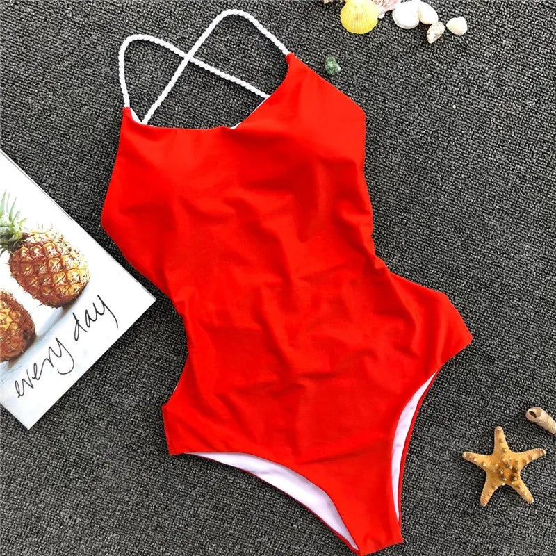 DEKA Women Solid Backless One Piece Swimsuit Sexy Bandage Swimwear Monokini High Cut Bathing Suit Swim Bodysuit