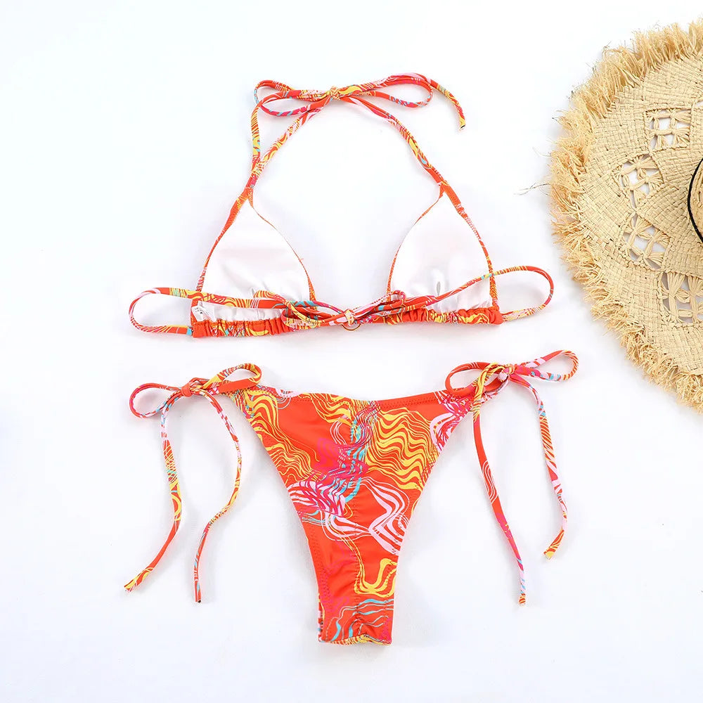 2026 Sexy Bikinis Micro Thongs Swimsuit Women Bathing Suit Rings Biquini Bandage Beachwear Print Swimwear Bikini Sets With Chain