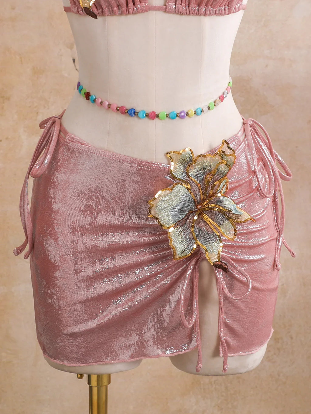 Women embroidery flower glitter metallic bikinis sets 3pcs with split mini skirt swimsuit bathing suit beach outfits biquini