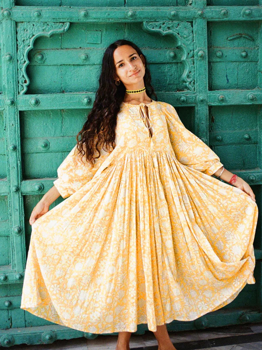 Foridol Lantern Half Sleeve Cyan Bohemian Beach Midi Loose Dress Summer for Women Tie Up Casual Floral Holiday Midi Vestidos