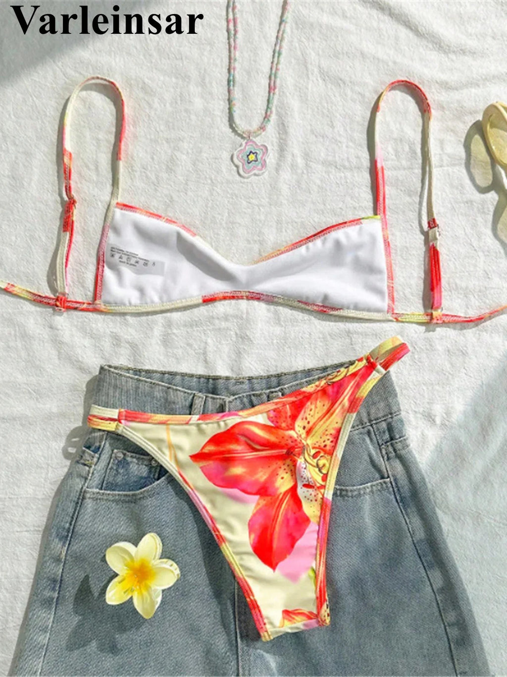 S - XL Flower Printed Bikini Female Swimsuit Women Swimwear Two-Pieces Bikini Set High Leg Cut Bather Bathing Suit Swim V7800