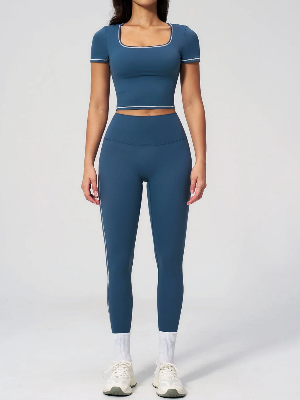 2PC Color Contrast Yoga Suit Women Short Sleeve Square Collar Slim Sports Top Fitness Suits Outdoor Exercise Leggings Tracksuit