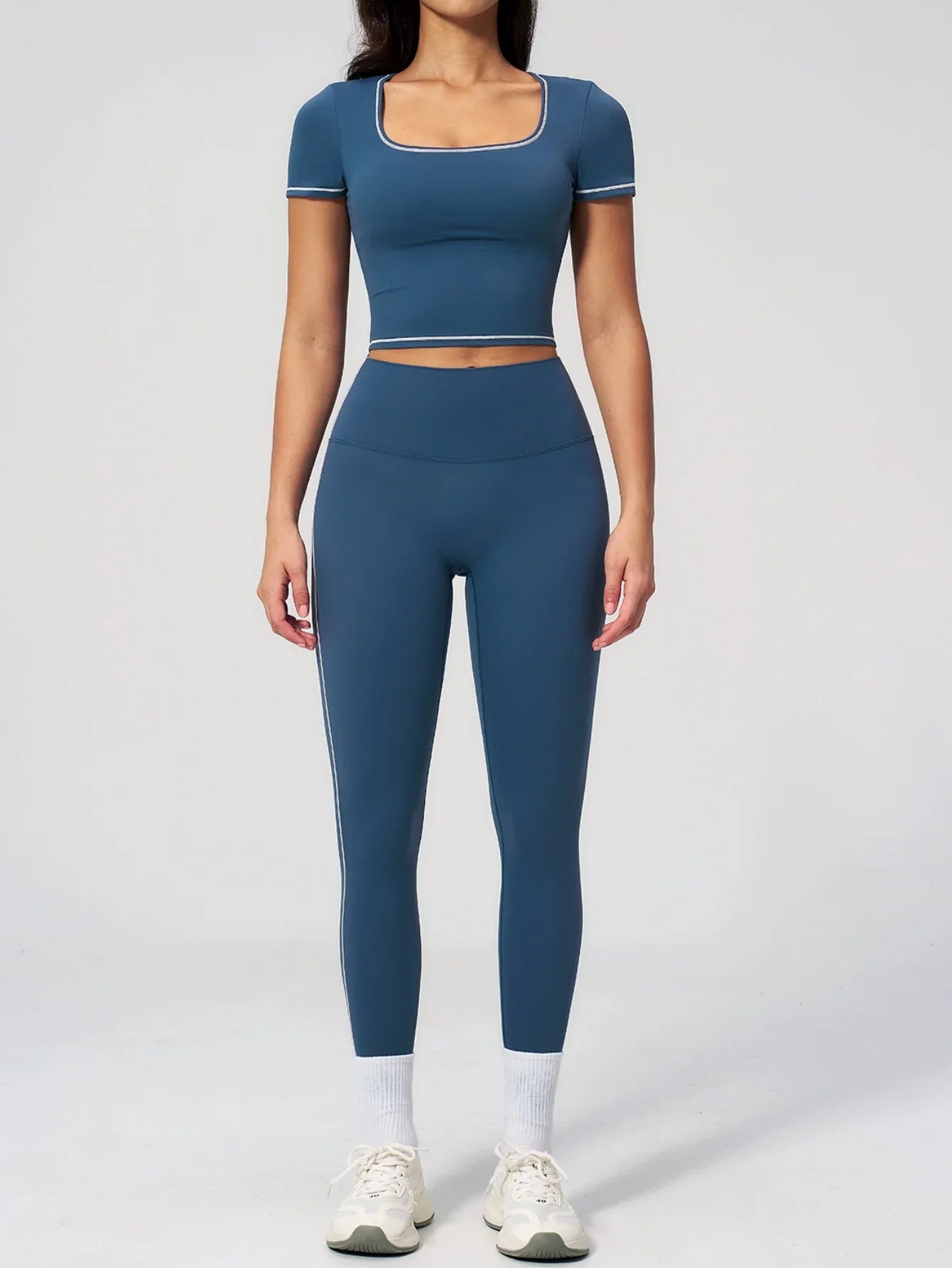 2PC Color Contrast Yoga Suit Women Short Sleeve Square Collar Slim Sports Top Fitness Suits Outdoor Exercise Leggings Tracksuit