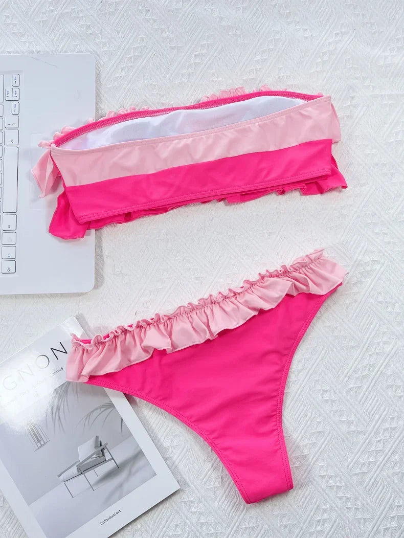 2026 Sexy Bikini Bandeau Women Swimwear Swimsuit Push Up Patchwork Ruffle Bikinis Set Bathing Suit Beach Bikini Female Banadores