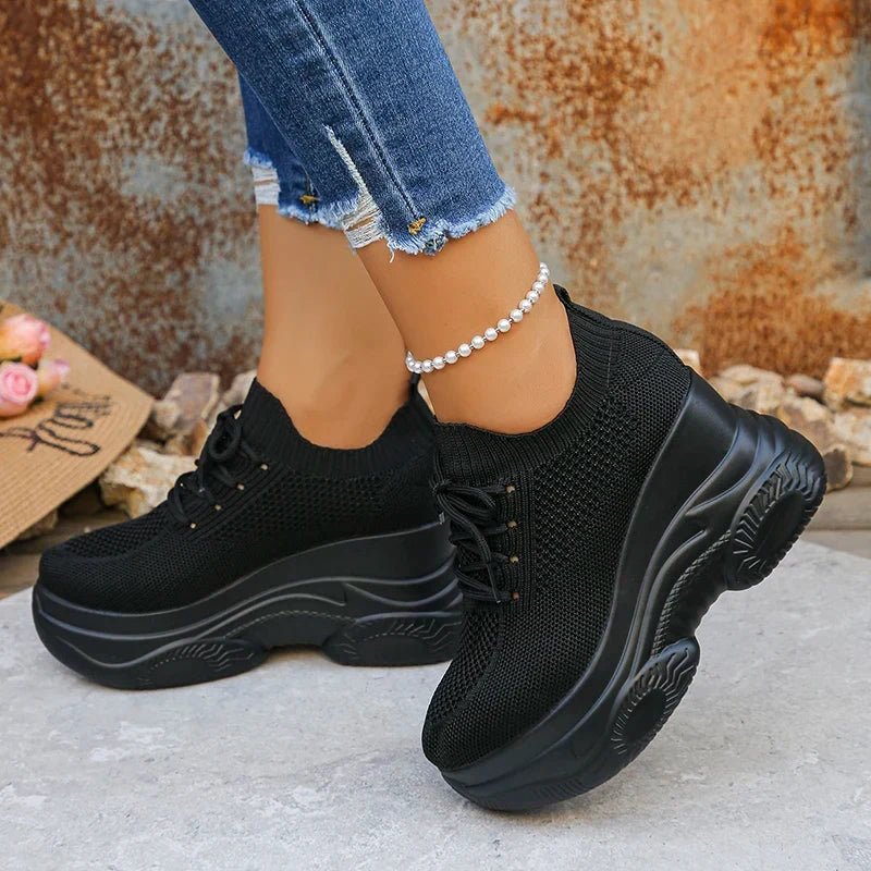White Knitted Wedge Heels Sneakers Women Spring Autumn Breathable Chunky Platform Sneakers Woman Slip On Mesh Running Shoes 42