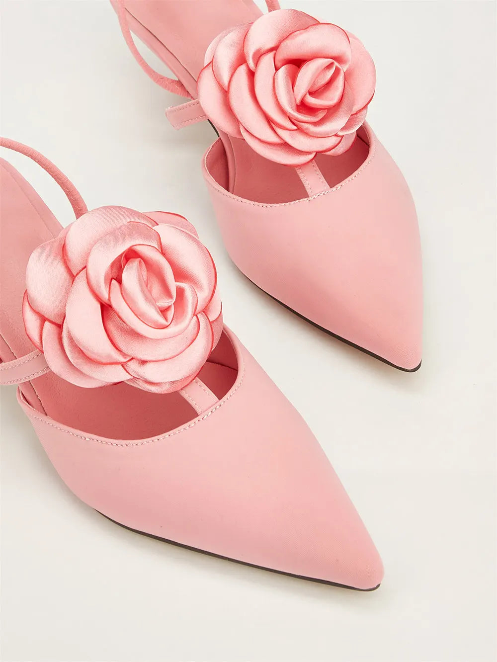 2025 Large Size 43 Summer Women's Pointy Toe Kitten Heels Slingback Pumps Elegant Satin Sandal Rose Flower Office Lady Shoes
