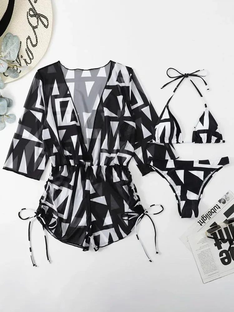 New Summer Women Geometric Print 3 Pieces Swimsuit Drawstring Mesh Bodysuit+Micro Bikini Swimwear Push Up Bathing Suit Beachwear