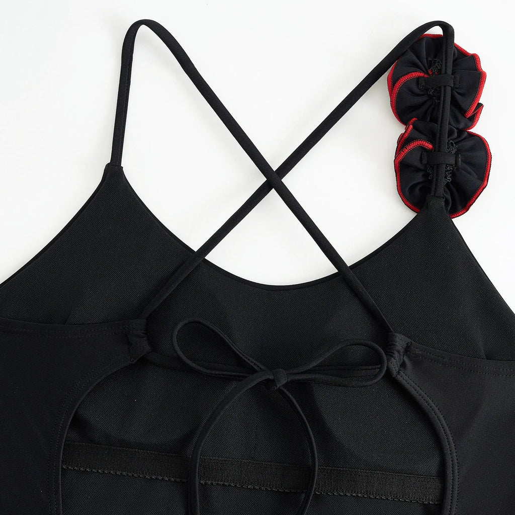 sexy 3D flower back tie swimsuit one piece bikini thong swimwear bodysuits women biquini bathing suits solid black color