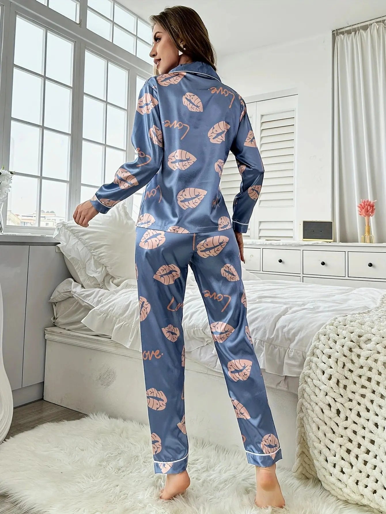 Home wear pajamas ice silk long sleeves trousers thin pajamas