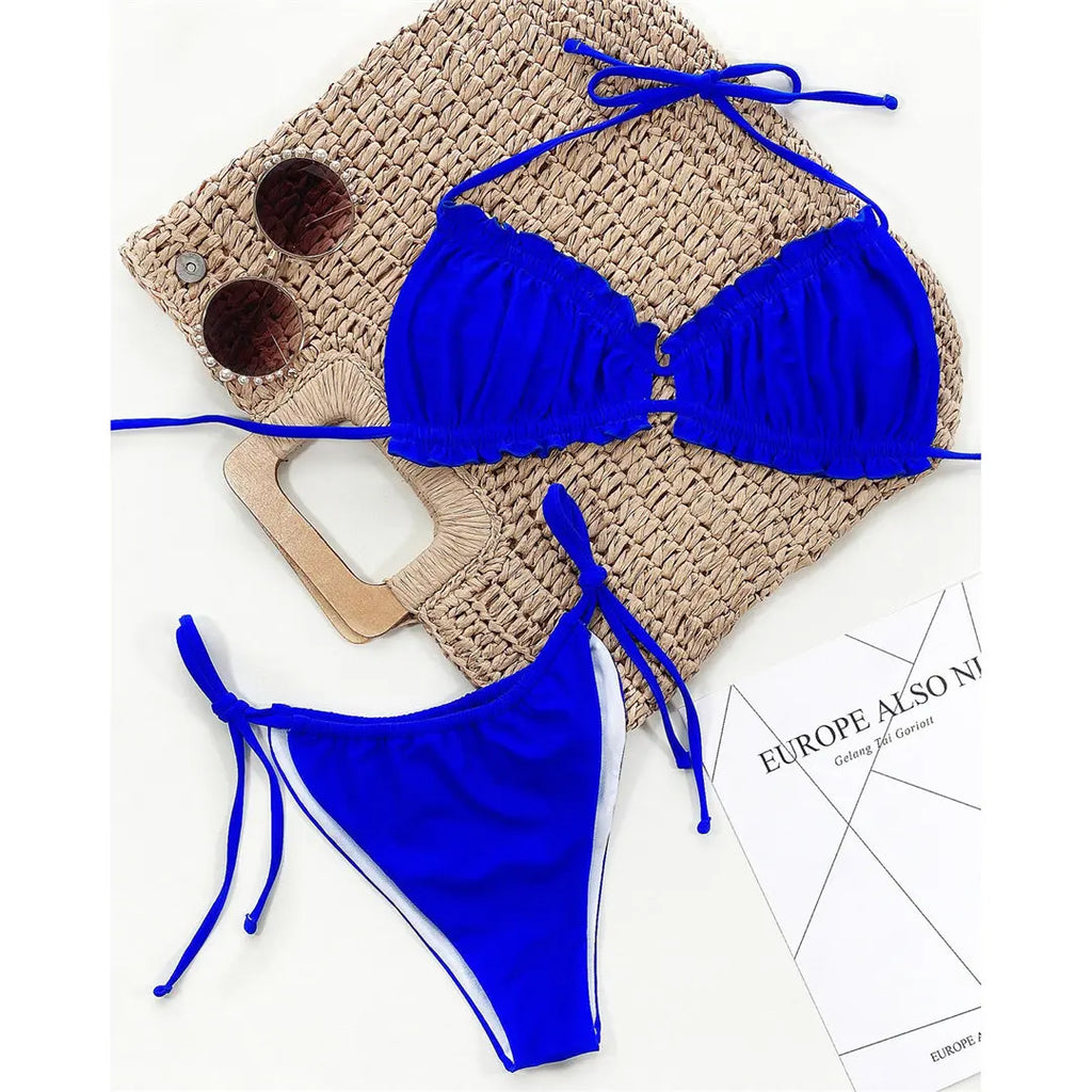 Sexy Ruffled Frilled Pleated Ruched Bikini Women Swimwear Female Swimsuit Two-pieces Bikini Set Bather Bathing Suit Swim V3239