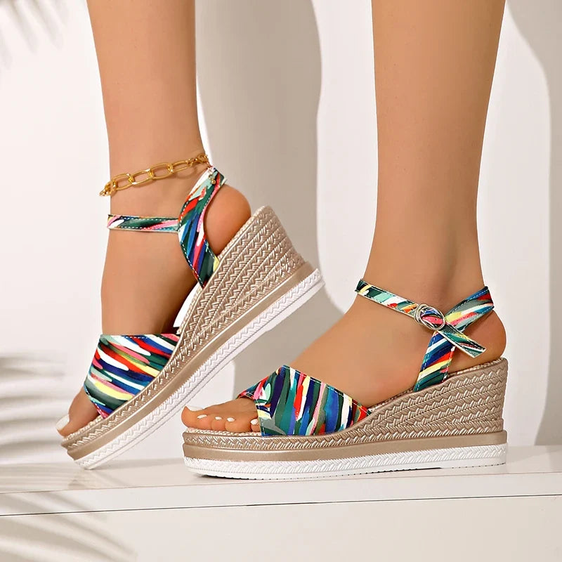 2025 Summer Leopard Print Wedges Sandals Women Plus Size Ankle Buckle Platform Sandles Woman Lightweight Chunky Heel Sandalias