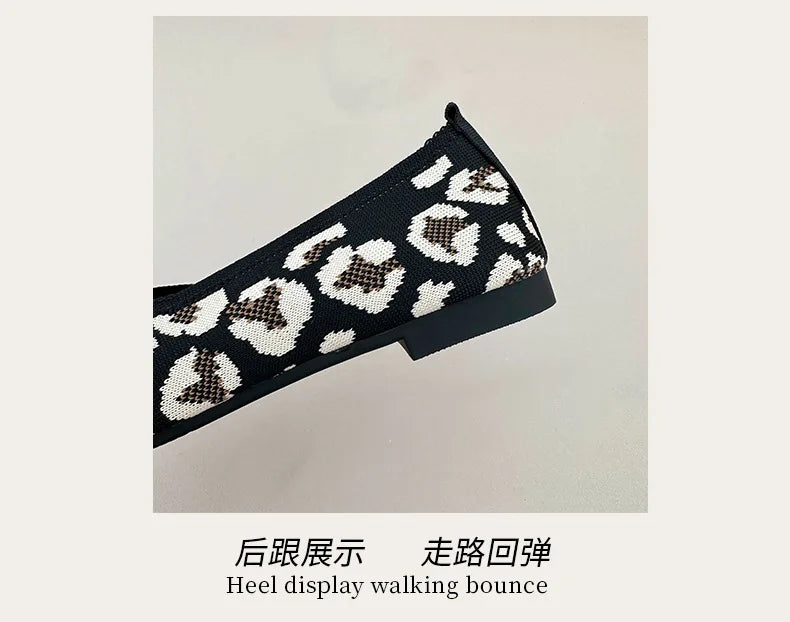 Leopard Color Square Toe Knitted Loafers Women Leisure Flat Shoes Soft Bottom Shallow Ballet Flats Casual Slip on Boat Shoes