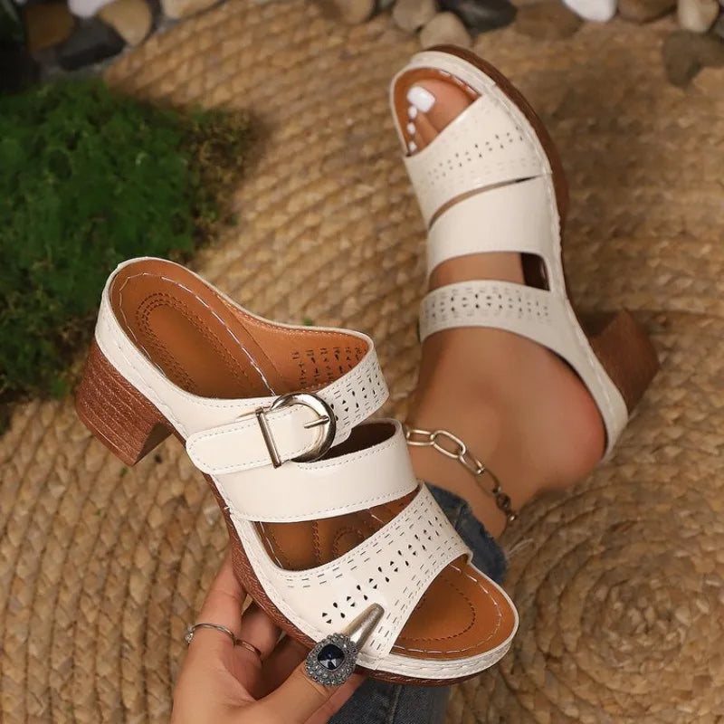 Women Summer Lightweight Hollow Sandals High Heels New Dress Chunky Open Toe Slippers Female 2026Casual Slingback Slides Shoes