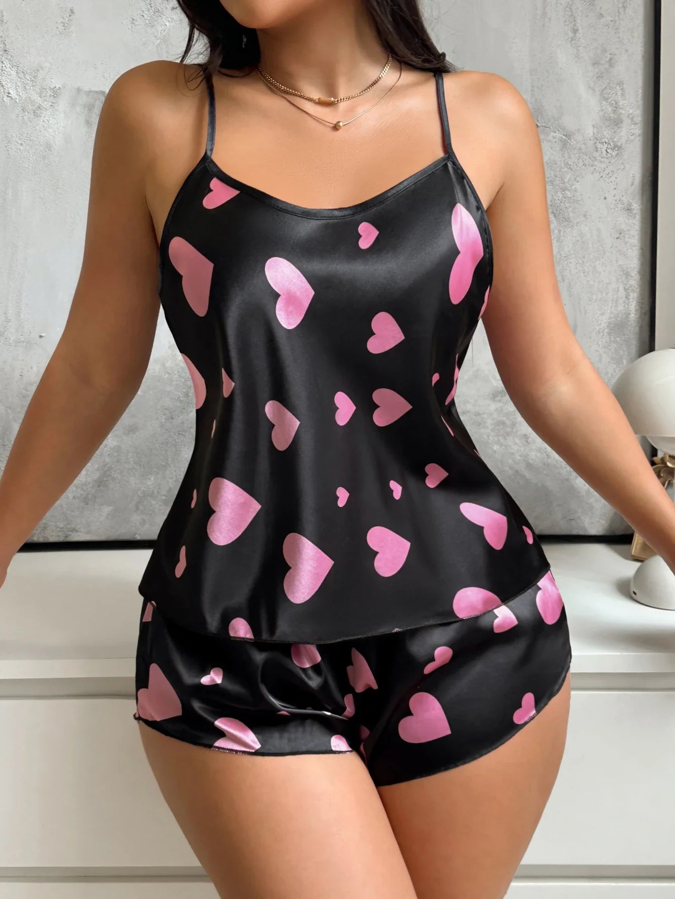 2PCS Women's Heart Print Sleepwear Set Round neck Cami Top and Shorts Summer Nightwear Loungewear for Home