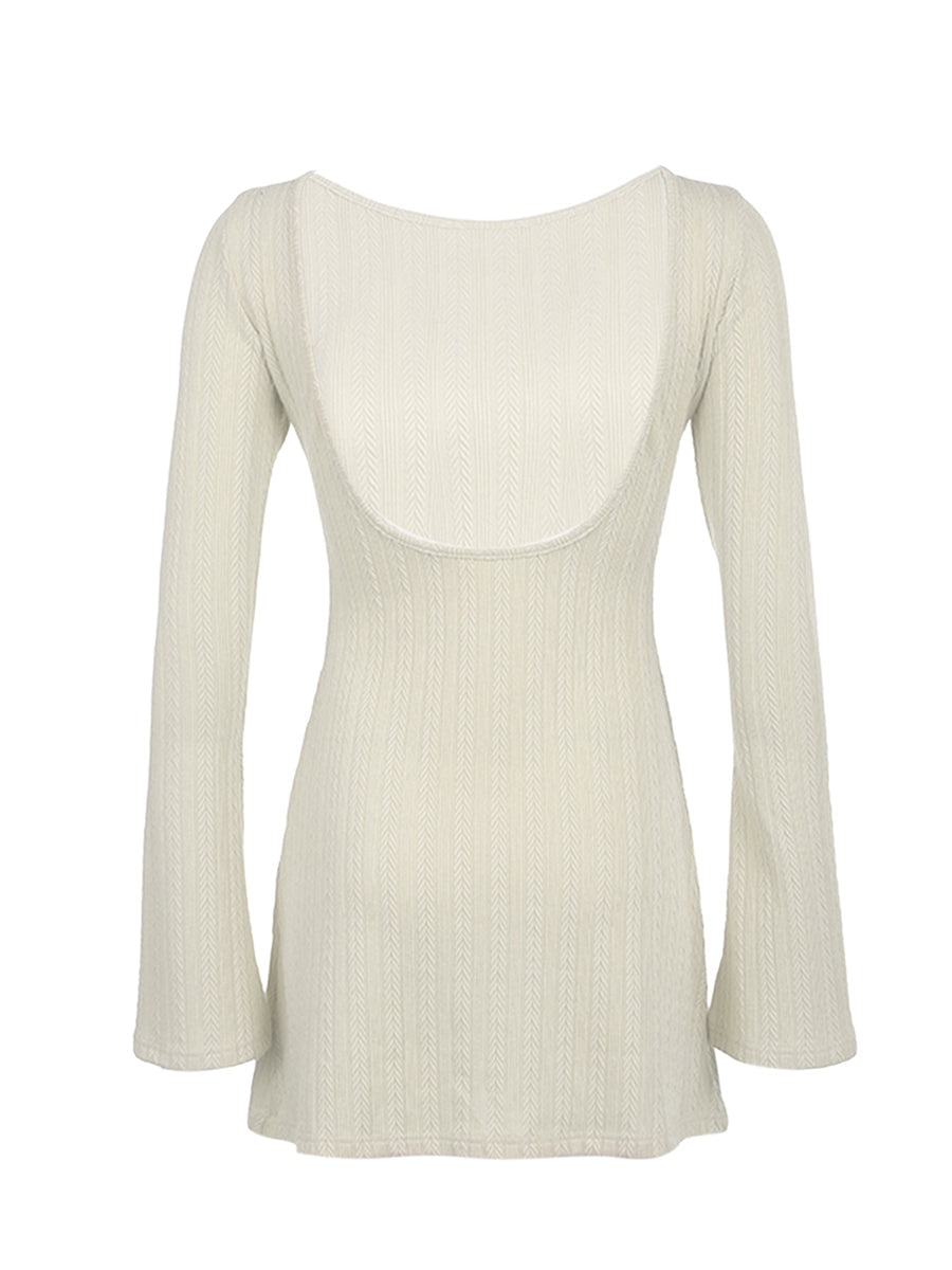 Women Spring Autumn Mini Dress Long Sleeve Crew Neck Backless Solid Color A-line Dress for Party Club