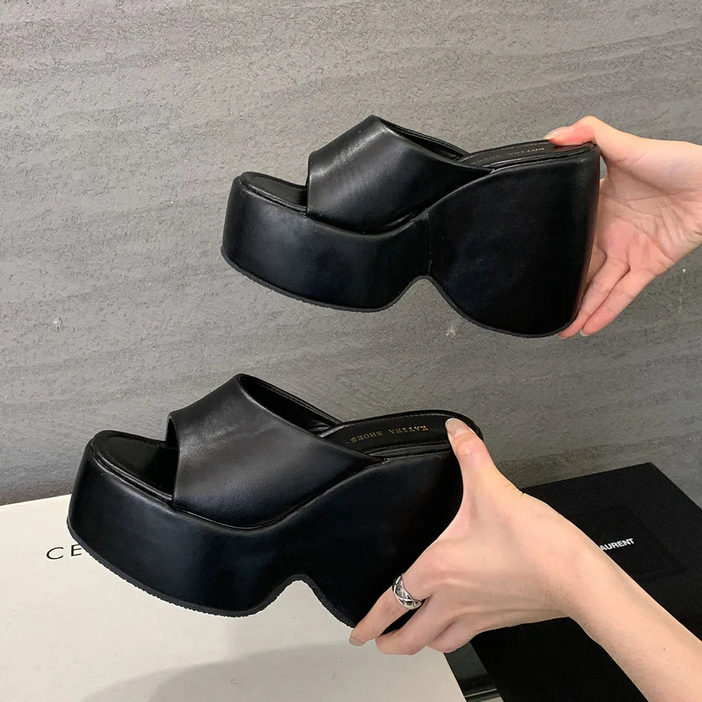 2025 Vintge Denim Blue Summer Chunky Platform Sandals Women Slides Chunky High Heels Wedges Shoes Mules Outdoor Slipper