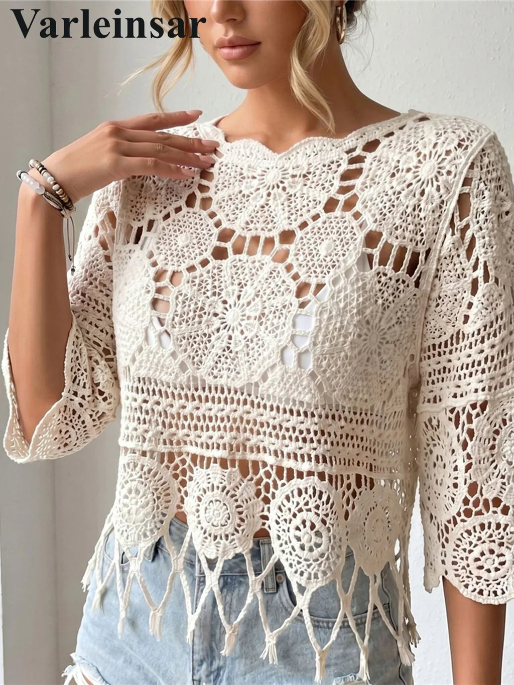 Half Sleeve Hollow Out Solid Crochet Knitted Tunic Beach Cover Up Cover-ups Beach Dress Beach Wear Beachwear Female Women V8401