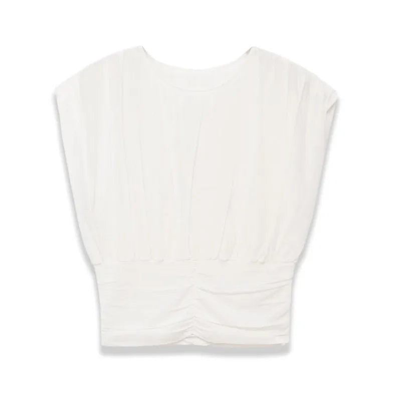 Fashionable Casual Solid Color Pleated Knit Top White Pleated Short Sleeve Blouse Waist Elegant Summer Top For Women Wear R6ZV