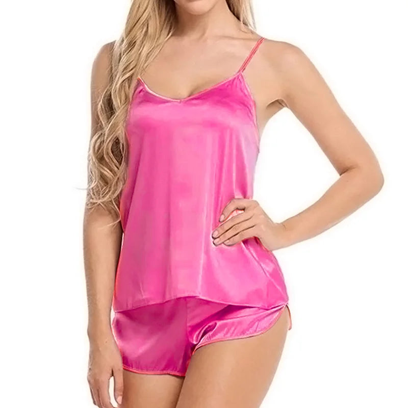 Women Satin Pajama Shorts Sets Mujer Strap Sleeveless Sexy Sleepwear Suit 2PCS  V-Neck Cami Top Short Lingerie Female Nightwear