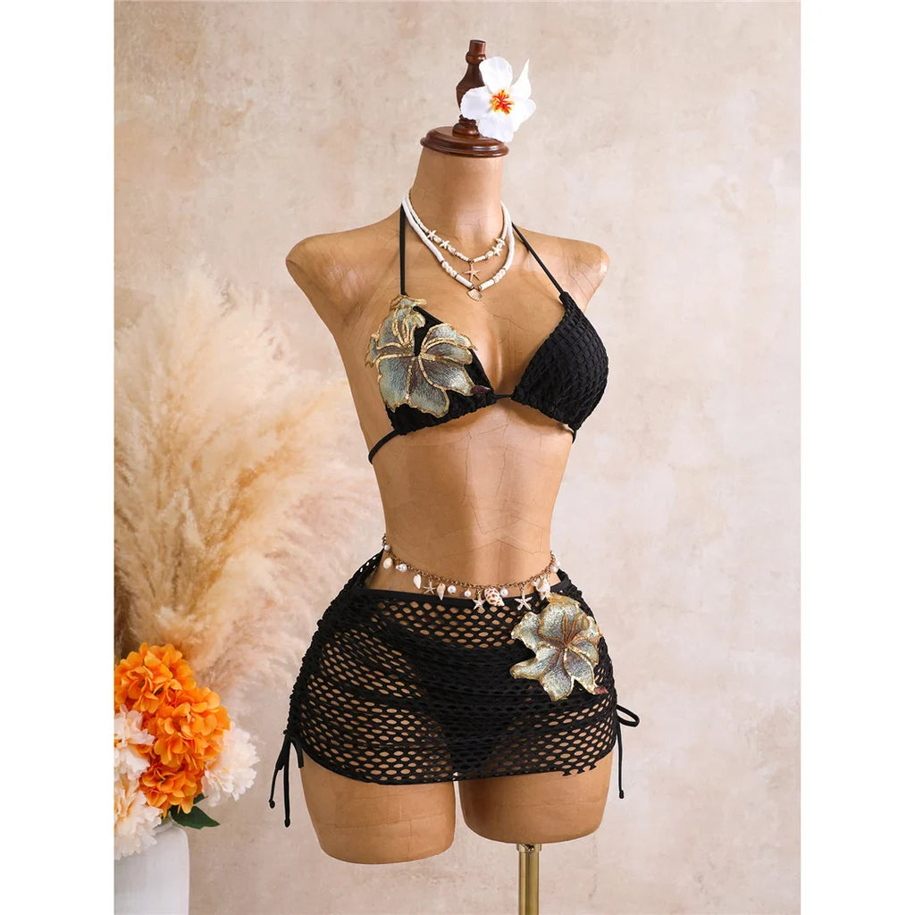 With Skirt 3D Flower Halter Bikini Women Swimwear Female Swimsuit Three-Pieces Bikini Set Padded Bather Bathing Suit Swim  V8346