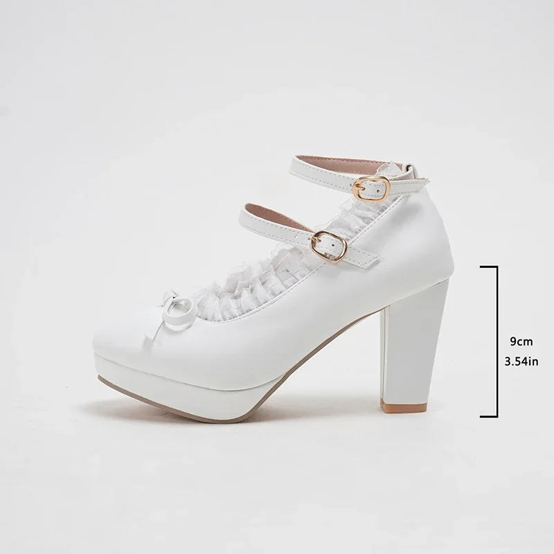 Women's Sweet Cute Lace Bow Lolita Platform High Heels, White Pumps Wedding Party Dress Shoes, Big Sizes 33-48