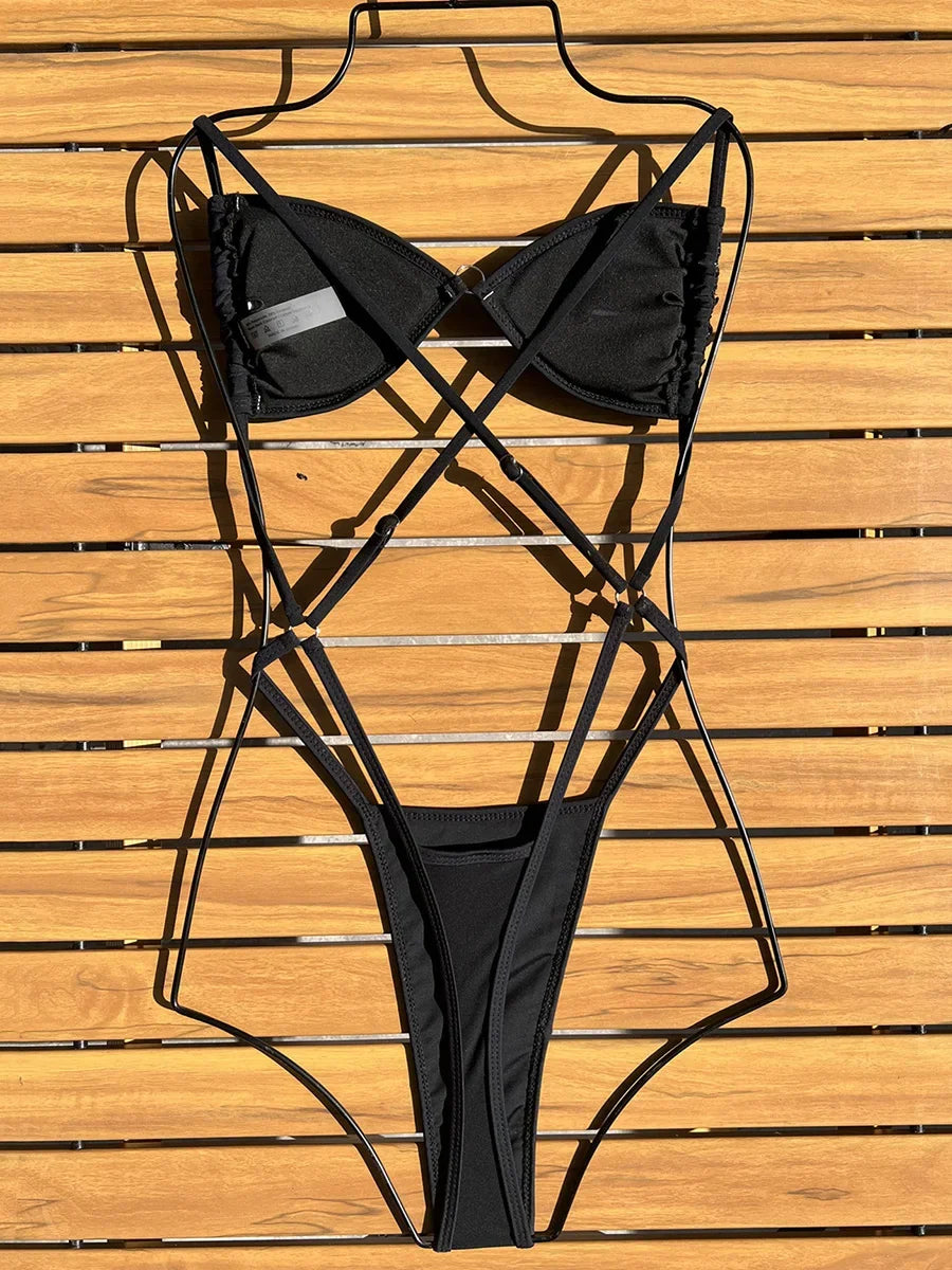 Shiny Sequins Cross Backless Micro String One Piece Swimsuit Women Swimwear Female Monokini High Cut Out Bathing Suit Swim Lady