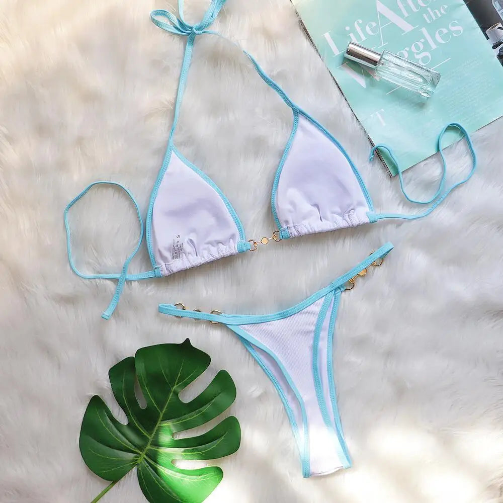 Sexy Halter Pearl Extreme Mini Micro Bikini Female Swimsuit Women Swimwear Two-pieces Bikini set Ribbed Bather Bathing Suit Swim