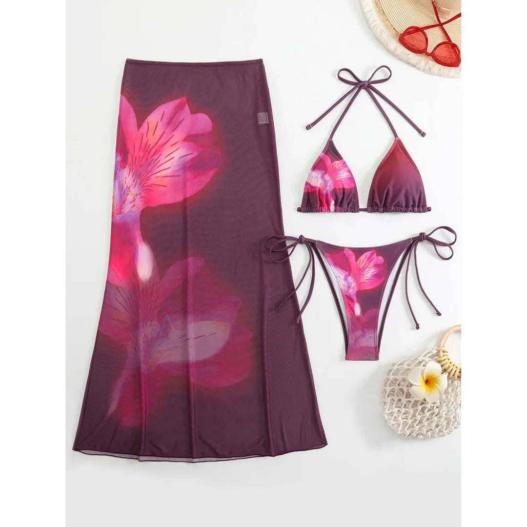 10 Color Flowers Halter Bikini Female Swimsuit Women Swimwear Three-pieces Bikini set With Skirt Bather Bathing Suit Swim V6637C