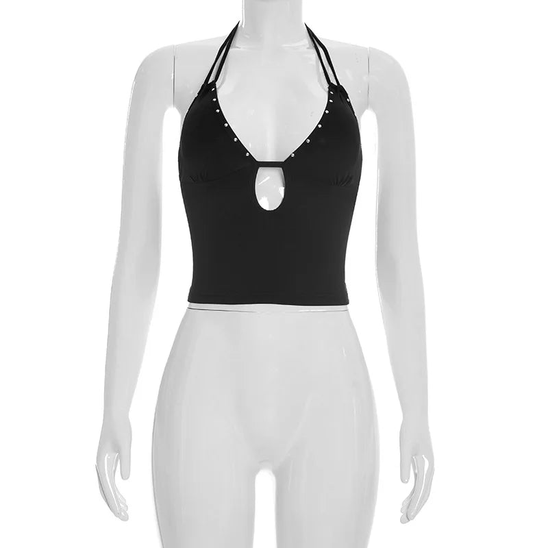 Women's Spring and Summer Camisole Studded Backless Navel Pullover Vest Top Fashionable and Sexy