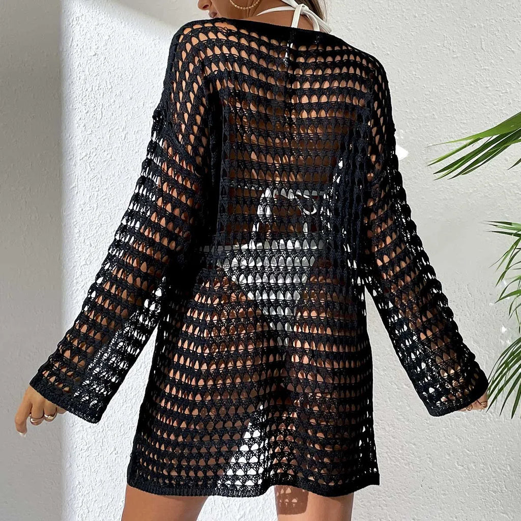 Womens Beach Cover Up Knit Solid Color Long Sleeve Dress Sexy Slim-Fit Beachwear Cover Up Beach Holiday Sun Protection Clothing