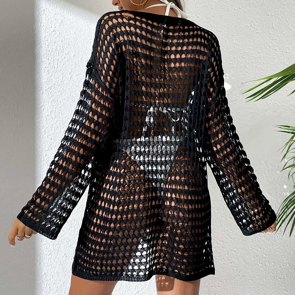 Womens Beach Cover Up Knit Solid Color Long Sleeve Dress Sexy Slim-Fit Beachwear Cover Up Beach Holiday Sun Protection Clothing