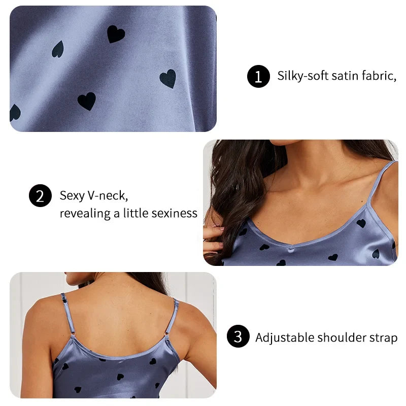 Ladies Heart Print Pajama Set Sexy V Neck Cami Top & Elastic Waistband Pants Pyjama 2 Pieces Women's Sleepwear & Loungewear Pjs