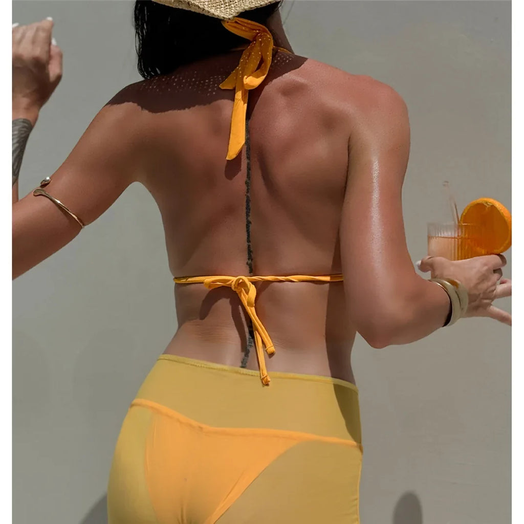 3D Flowers With Skirt Bikini Female Swimsuit Women Swimwear Halter Padded Bather Bathing Suit Swim Three-pieces Bikini set K8102