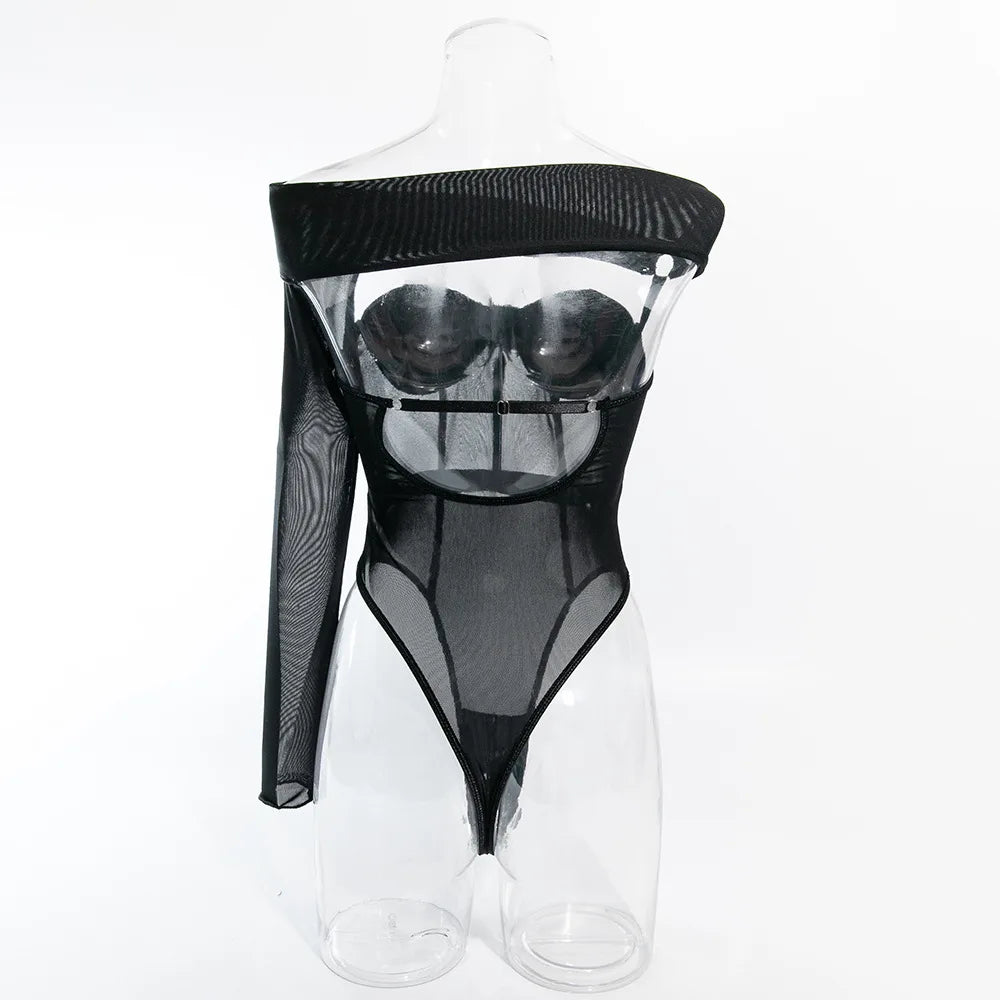 Toucheart Sexy Lingerie One-shoulder Sleeve Body Shaping Jumpsuit Women Push-up Chest Cotton Splicing Mesh Perspective Underwear